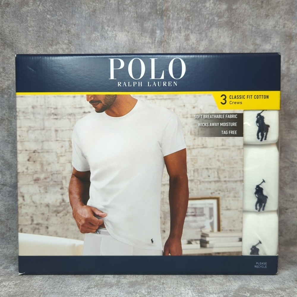 Polo Ralph Lauren Men's Small Classic Fit White Crew Neck Cotton T Shirts 3 Pack